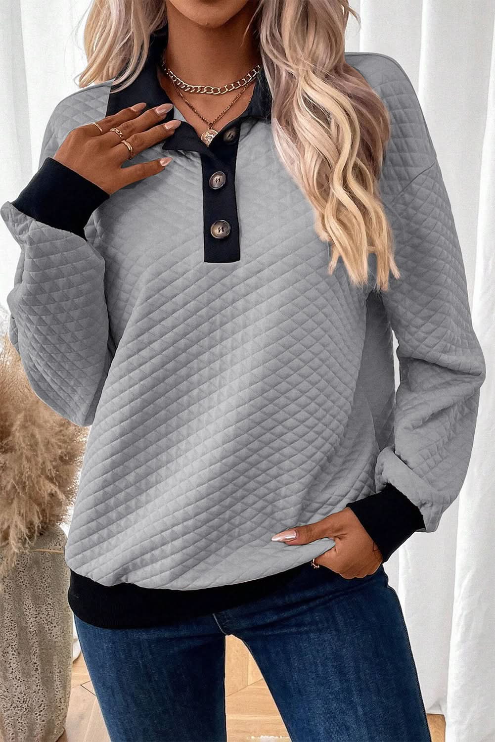 Light Grey Textured Colorblock Edge Buttoned Collar Sweatshirt - Love Salve